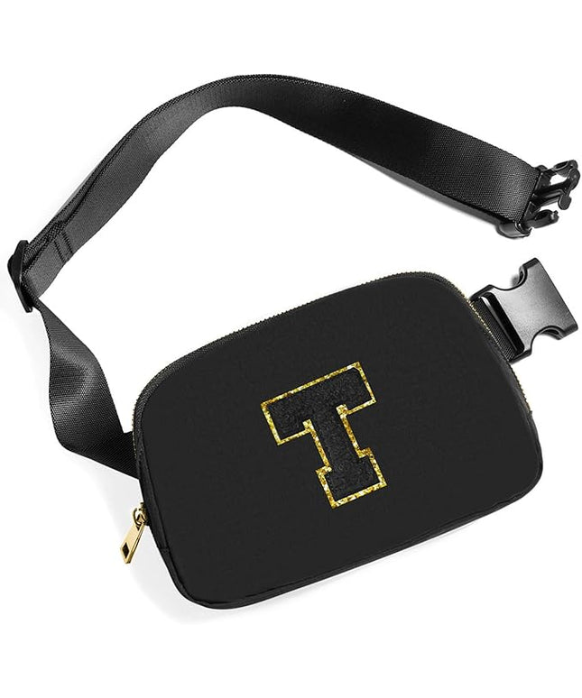 Gitus Belt Bag Fanny Pack Crossbody Bags with Initial Letter Patch Gifts for Wife Older Women Mother Coworker Bridesmaid Anniversary Travel Gifts Beach Gifts (Black-T)