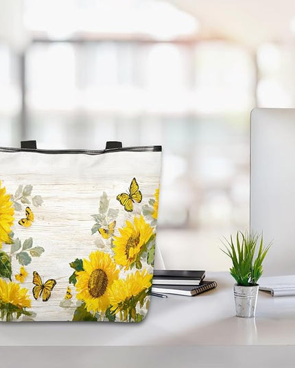 Pardick Canvas Tote Bags, Sunflower Wood Butterfly Tote Bag Eco Friendly Reusable Grocery Shopping Bagsfor Beach, Books, Women with Zipper Inner Pocket