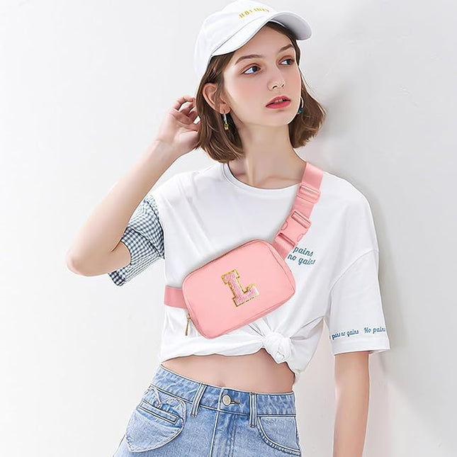 Gitus Belt Bag Fanny Pack Crossbody Bags with Initial Letter Patch Cute Stuff Birthday Gifts for Teenager Girls Trendy Preppy Stuff for Teen Girls Cool Stuff for Teens (Light Pink-L)