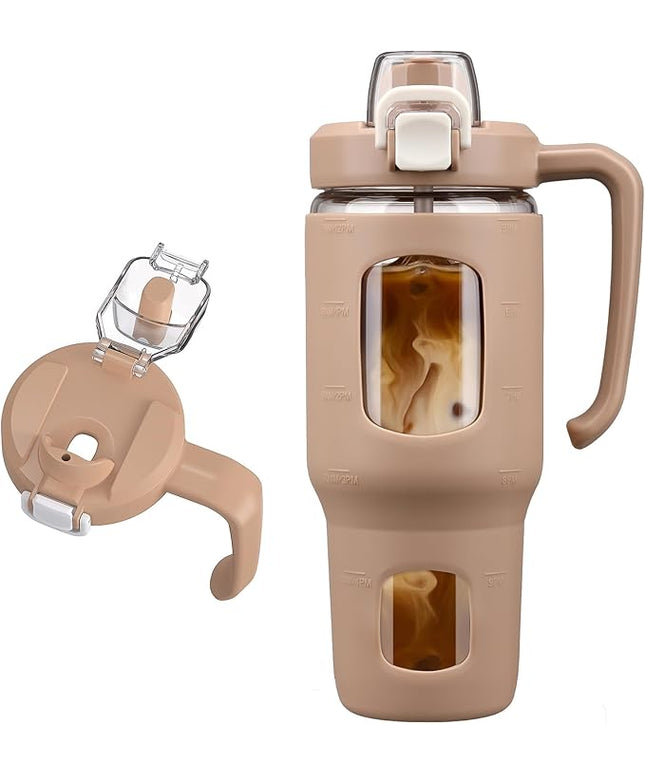 32oz Glass Tumbler with Straw Handle and 2-IN-1 Sip & Spout Lid, Reusable Iced Coffee Cup for Smoothie, Matcha, Leakproof Glass Water Bottle with Straw and Silicone Sleeve, BPA Free-Amber
