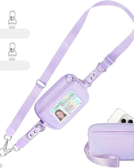 Clip and Go Strap for Phone with Wallet Crossbody Phone Lanyard Adjustable and Detachable RFID Wristlet Wallet with ID Window and Zipper, Purple Large.