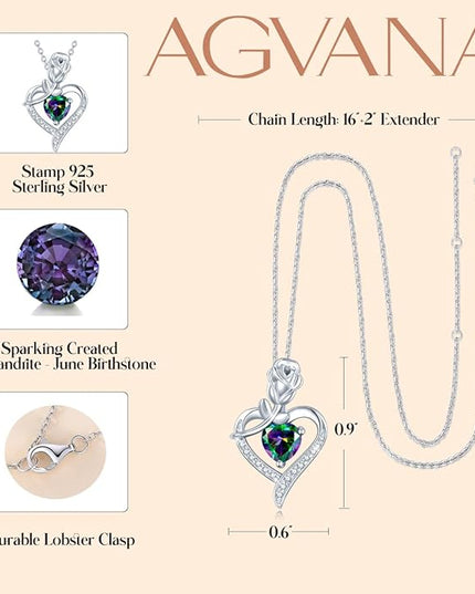 AGVANA Christmas Gifts Rosy Reverie Birthstone Necklace for Women Sterling Silver Genuine or Created Gemstone Rose Flower Heart Pendant Necklace Anniversary Birthday Gifts for Women Mom Wife Her