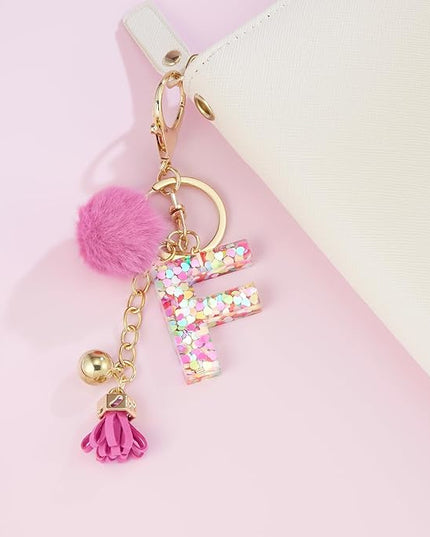 Resin Alphabet Initial Letter Keychain Keyring for Women Purse Handbags With Fur Ball Pom