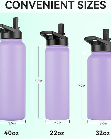 DOMICARE Insulated Water Bottle, 22 oz Vacuum Insulated Stainless Steel Reusable Sports Bottle with Straw Lid & Spout Lid for Travel, Camping, Bike, Leakproof, Purple, 1 Pack