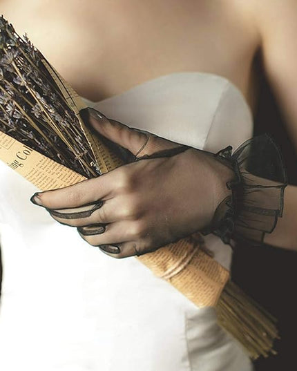 Women's Summer Tulle Gloves Pleated Ruffle Full Finger Wrist Length Opera Party Gloves