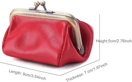 Plinvo Mini Genuine Leather Coin Purse for Women Vintage Kiss Lock Change Organizer Blue (Red)