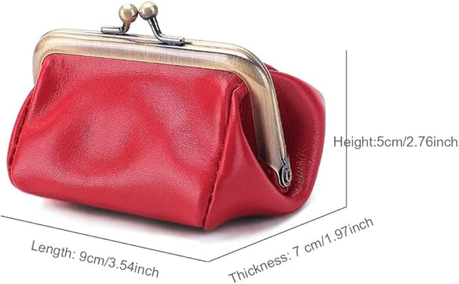 Plinvo Mini Genuine Leather Coin Purse for Women Vintage Kiss Lock Change Organizer Blue (Red)