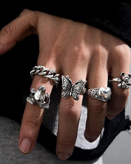 KISS WIFE Cool Rings Set for Women, Vintage Silver Punk Rings Bulk, Gothic Chunky Knuckle Emo Stackable Finger Ring Pack Western Jewelry Gift for Her
