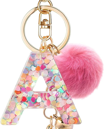 Resin Alphabet Initial Letter Keychain Keyring for Women Purse Handbags With Fur Ball Pom