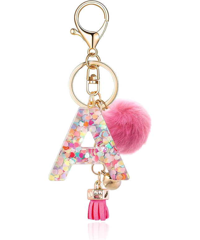 Resin Alphabet Initial Letter Keychain Keyring for Women Purse Handbags With Fur Ball Pom
