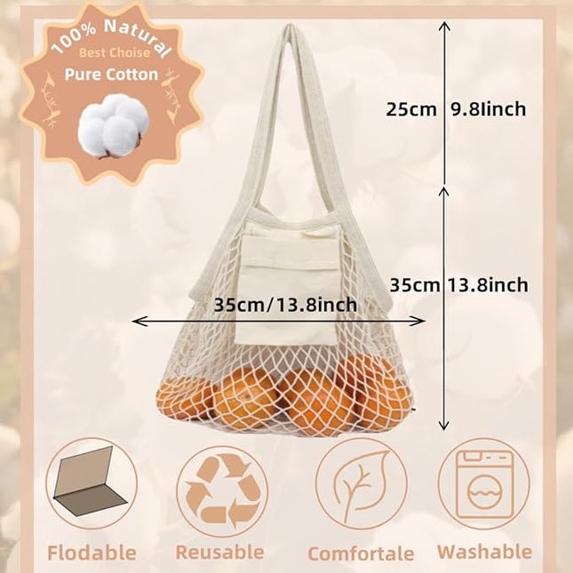 Extra Long Handle Farmers Market Bag with Utility Pocket, Cotton Mesh Tote, Reusable Mesh Produce Bags, Machine Washable for Produce and Grocery Hauls(4 Pcs)
