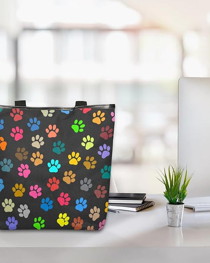 Pardick Colorful Animal Paw Prints Canvas Tote Bag, Eco Friendly Cute Reusable Grocery Shopping Bag With Zipper Inner Pocket for Women & Girls