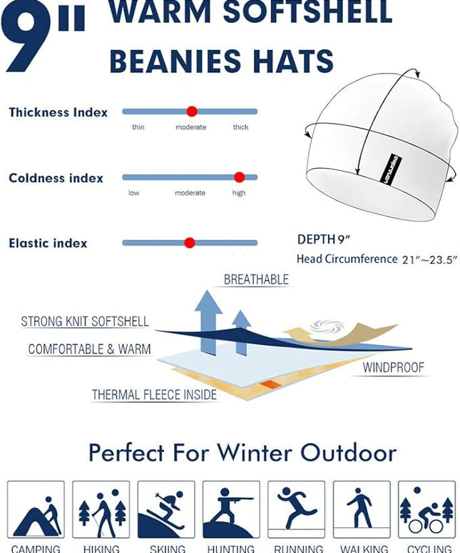 EMPIRELION Softshell Winter Fleece Lined Beanie Hats, 9" Running Skull Cap Thermal Tactical Watch Cap Men Women
