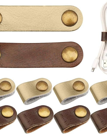 10 Pcs Cord Organizer, Portable Leather Cable Cord Stocking Stuffers for Men USB Straps Earphone Winder with Leather Handmade (Brown/white)