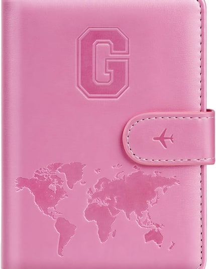 Passport Holder Cover Initail Letter A-Z Travel Wallet Embossed Design RFID Blocking Card Holder Personalized Gift Passport Cover Wallet, Passport Book Holders for Women and Girls, Pink-G