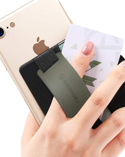 Sinjimoru Phone Grip Card Holder with Phone Stand, Secure Stick on Wallet for iPhone with Kicktand for Table. Sinji Pouch B-Grip Silicone Olive Grey