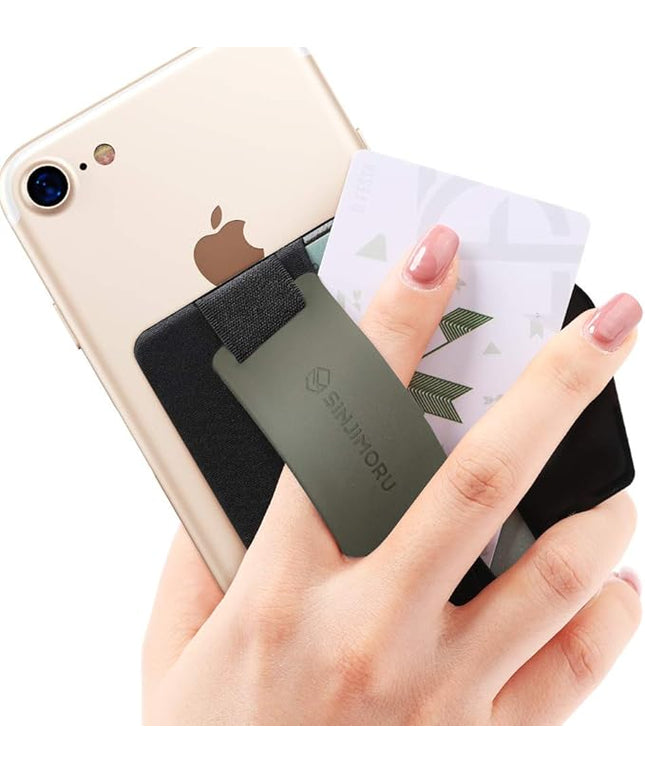 Sinjimoru Phone Grip Card Holder with Phone Stand, Secure Stick on Wallet for iPhone with Kicktand for Table. Sinji Pouch B-Grip Silicone Olive Grey
