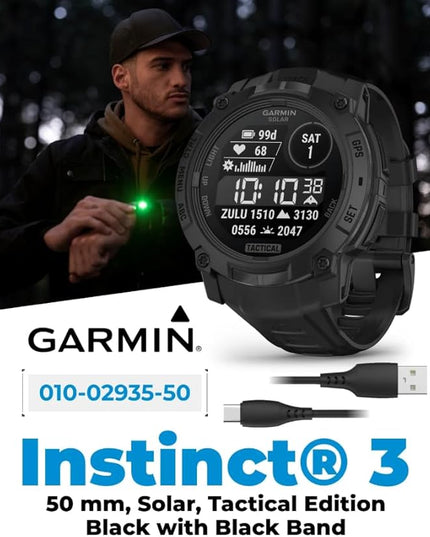Wearable4U Garmin Instinct 3-50mm Tactical Edition, Solar Charging Display, Rugged Outdoor GPS Smartwatch, Applied Ballistics Support, LED Flashlight, Multi-Band GPS PowerBank Bundle