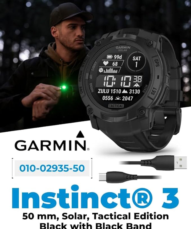 Wearable4U Garmin Instinct 3-50mm Tactical Edition, Solar Charging Display, Rugged Outdoor GPS Smartwatch, Applied Ballistics Support, LED Flashlight, Multi-Band GPS PowerBank Bundle