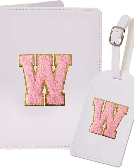 ULICO Initial Passport Cover and Luggage Tag Set,PU Leather Letter Passport Case Holder Travel Suitcase Tag, Personalized Travel Luggage Accessories Gifts for Women Kids Teenage White W