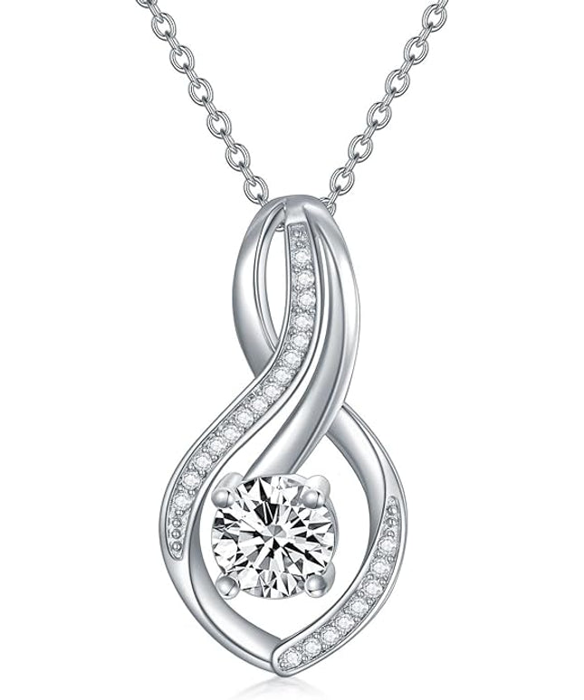 ZBA Natural Diamond Infinity Necklace for Women, 14K White Gold Plated Sterling Silver Diamond Eternal inifnity Pendant Necklaces Jewelry, Birthday Christmas Gifts for Mom Her Wife(Color F-G/Clarity I1-I2)