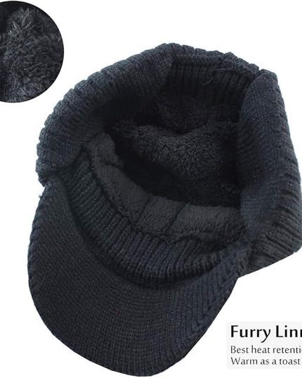 Winter Beanie w/Visor & Earflaps for Men Outdoor Fleece Hat Scarf Set
