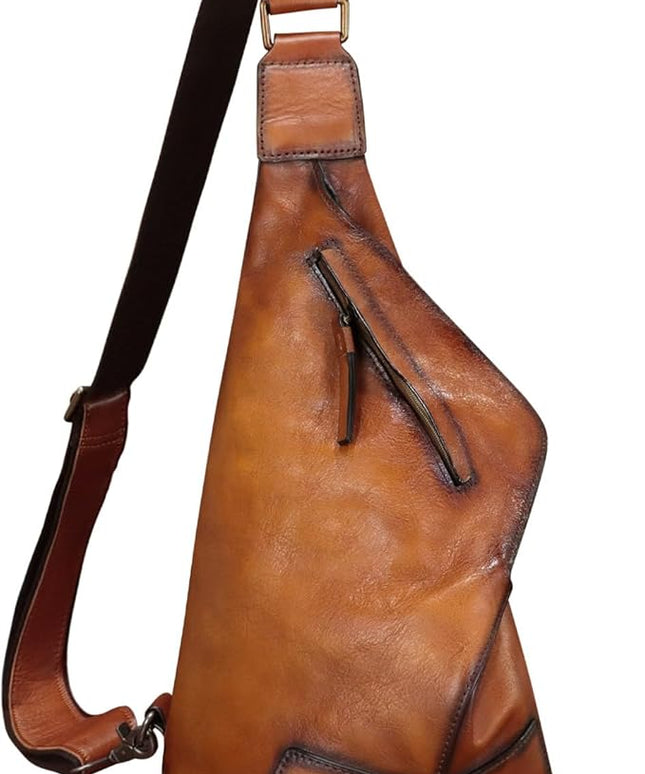 Genuine Leather Sling Bag for Men and Women Vintage Full Grain Leather Sling Purse Chest Daypack Over Shoulder Crossbody Bag (Brown)