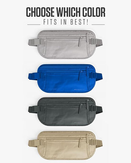 VENTURE 4TH Money Belt for Travel – Hidden Under-Clothes RFID Blocking Passport Holder & Slim Travel Wallet Pouch for Men & Women to Protect Cash, Cards & Documents (Sleek Silver)