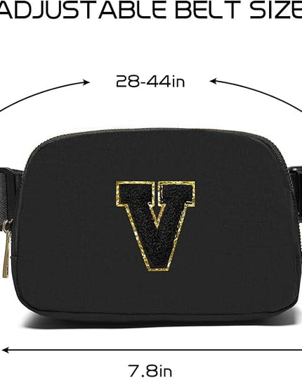 Gitus Belt Bag Fanny Pack Crossbody Bags with Initial Letter Patch Gifts for Wife Older Women Mother Coworker Bridesmaid Anniversary Travel Gifts Beach Gifts (Black-V)