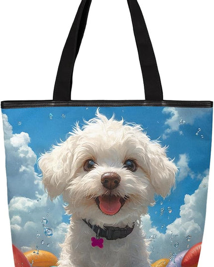 Pardick Summer Surfing Dogs Canvas Tote Bag, Eco Friendly Reusable Grocery Shopping Bags Beach Bag Book Tote Handbags Washable Shoulder Bag With Zipper Inner Pocket for Women Girls