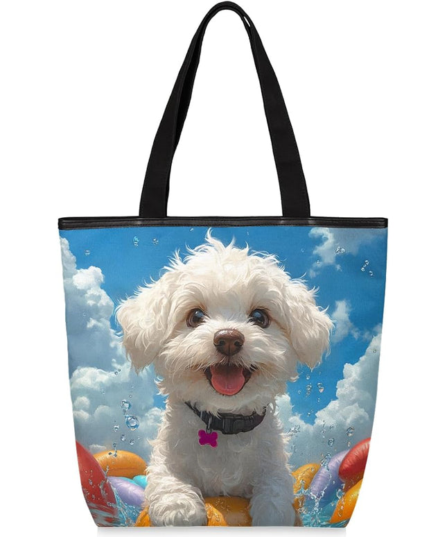 Pardick Summer Surfing Dogs Canvas Tote Bag, Eco Friendly Reusable Grocery Shopping Bags Beach Bag Book Tote Handbags Washable Shoulder Bag With Zipper Inner Pocket for Women Girls