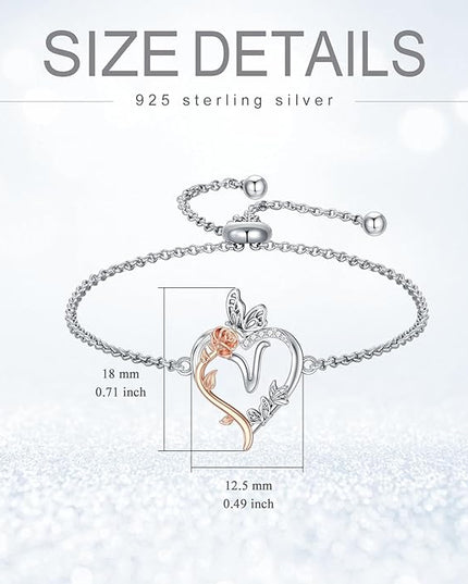 TOUPOP Gifts for Women Rose Heart Initial Bracelet 925 Sterling Silver Butterfly Letter Link Bracelet Love Jewelry Valentines Day Birthday Gifts for Her Wife Girlfriend Mom