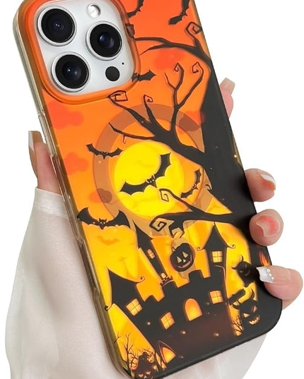 Halloween Case for iPhone 16 Pro Max Case [ Compatible with Magsafe ] Holographic Orange Sky with Black Castle, Bats, Ghosts, Pumpkins Pattern Design, Creative Magnetic Protective Phone Cover