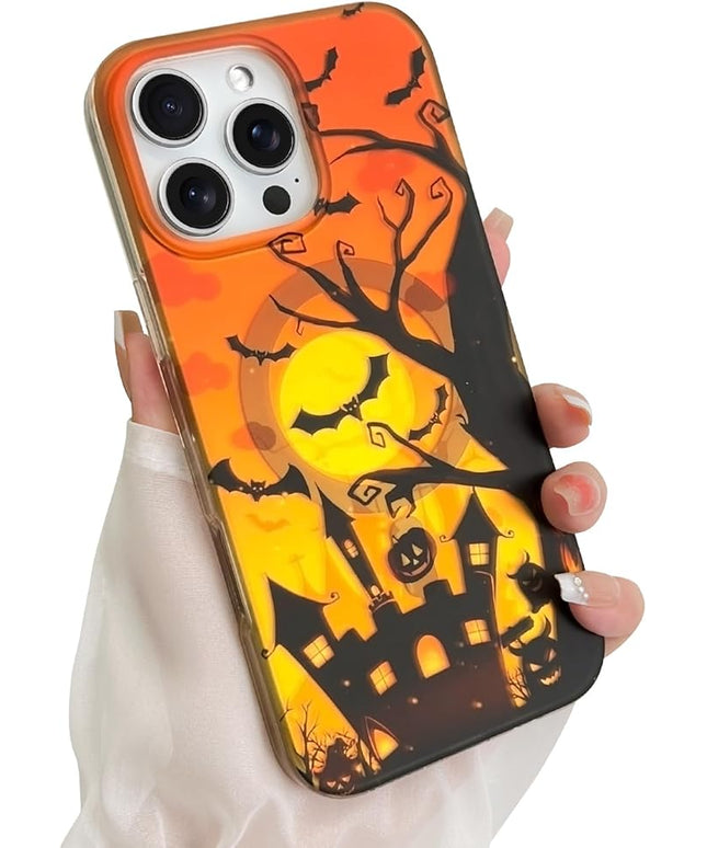 Halloween Case for iPhone 16 Pro Max Case [ Compatible with Magsafe ] Holographic Orange Sky with Black Castle, Bats, Ghosts, Pumpkins Pattern Design, Creative Magnetic Protective Phone Cover