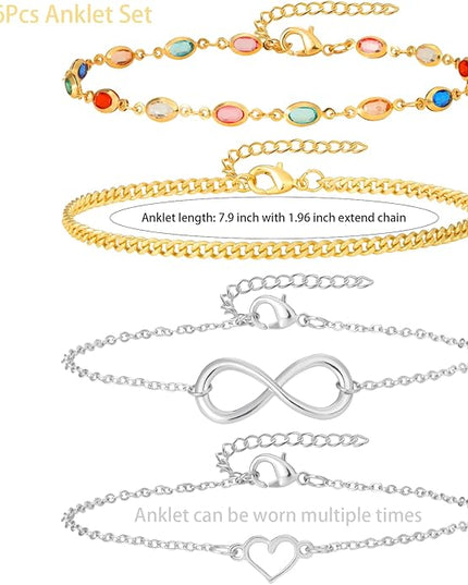 Starain 12Pcs Summer Beach Anklets for Women Waterproof Gold Silver Chain Ankle Bracelets Cute Women's Foot Anklet Set 7.9-10.5 inch Adjustable