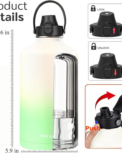 Water Bottle Insulated 32oz 40oz 64oz 128oz Straw Lid Spout Lid & 3 Lids, Leak Proof, Vacuum Insulated,Stainless Steel Water Bottle Wide Mouth for Sports, Gym or Office