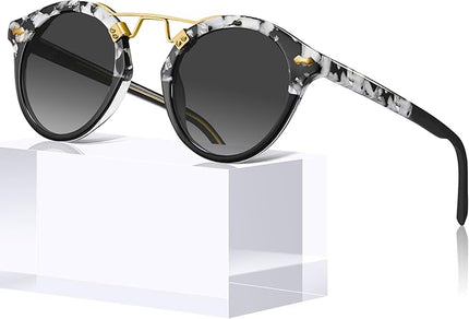 CARFIA Small Face Acetate Polarized Sunglasses for Women UV Protection, Retro Double Bridge Eyewears Metal Brow Round Sunnies