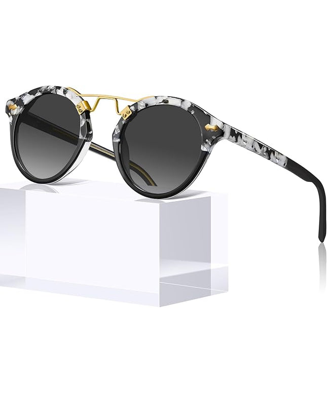 CARFIA Small Face Acetate Polarized Sunglasses for Women UV Protection, Retro Double Bridge Eyewears Metal Brow Round Sunnies