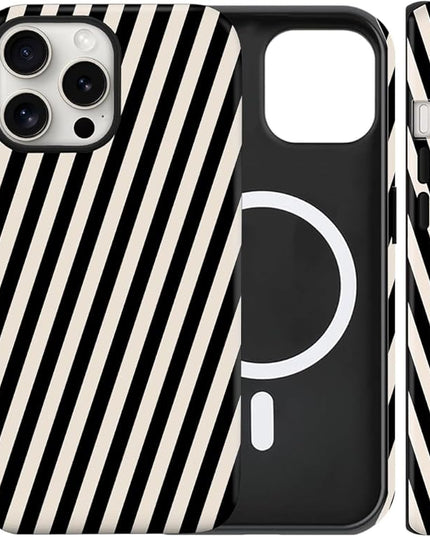 Magnetic for iPhone 13 Pro Case Cute Diagonal Stripes Phone Case, Shockproof Slim TPU and Hard PC Protective Phone Cover Compatible with MagSafe Designed for Women Girls,Black and White