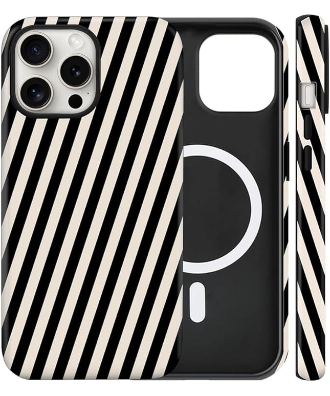 Magnetic for iPhone 16 Pro Case Cute Diagonal Stripes Phone Case, Shockproof Slim TPU and Hard PC Protective Phone Cover Compatible with MagSafe Designed for Women Girls,Black and White