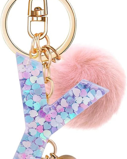 Resin Alphabet Initial Letter Keychain Keyring for Women Purse Handbags With Fur Ball Pom