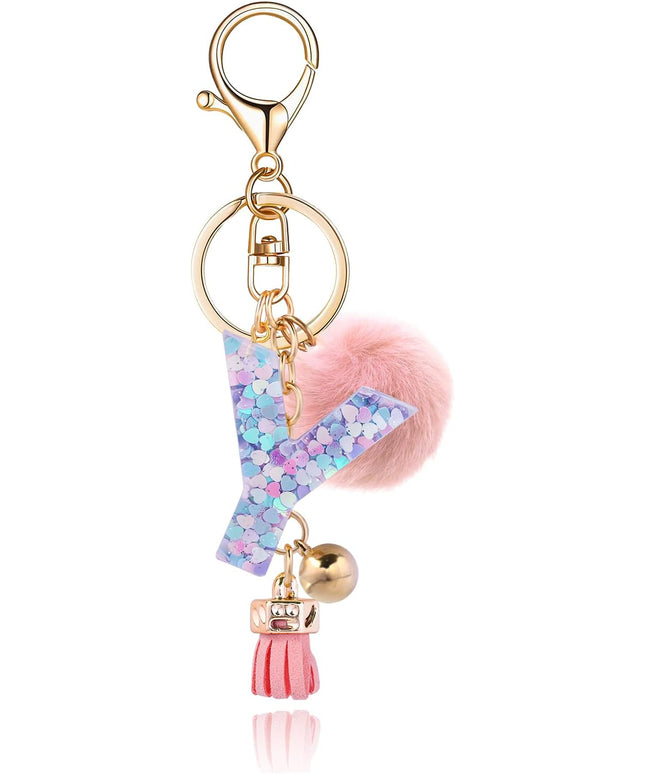 Resin Alphabet Initial Letter Keychain Keyring for Women Purse Handbags With Fur Ball Pom