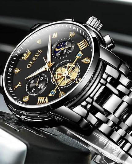 OLEVS Mens Watches Chronograph Watch Luxury Dress Stainless Steel Waterproof Watches for Men Moon Phase Luminous Business Calendar Wrist Watch Blue/Black/Green/Gold/Face