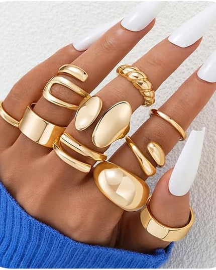 ÌF ME 10 PCS Gold Rings Set for Women Non Tarnish, 18K Gold Plated Chunky Stackable Rings, Statement Stacking Womens Ring Pack