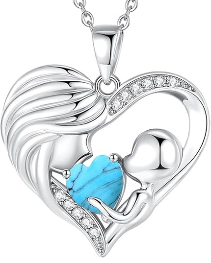 FANCIME Mom Birthstone Necklace Mother and Child Love Heart Necklace I Love You Mom Gifts Mothers Day Birthstone Jewelry Gifts for Grandmother Women Wife, 16"+2" Inches