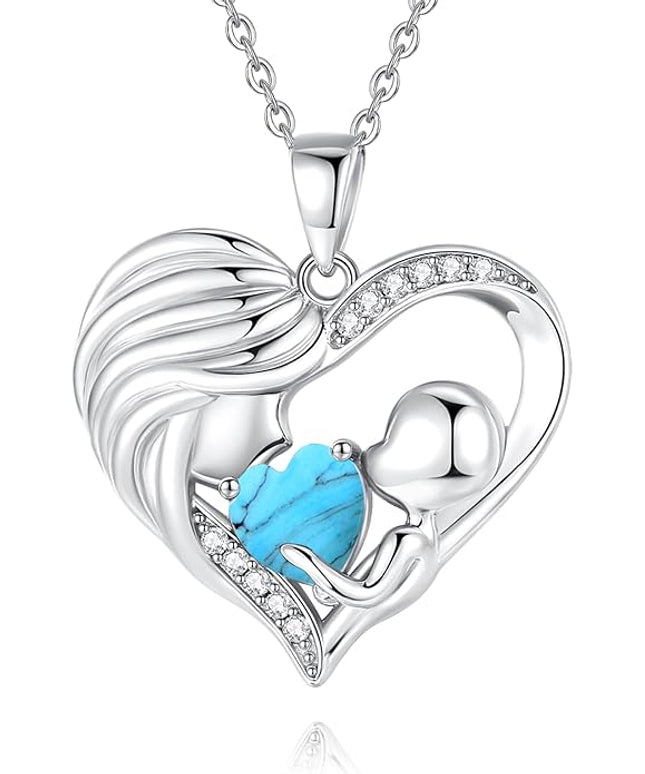 FANCIME Mom Birthstone Necklace Mother and Child Love Heart Necklace I Love You Mom Gifts Mothers Day Birthstone Jewelry Gifts for Grandmother Women Wife, 16"+2" Inches
