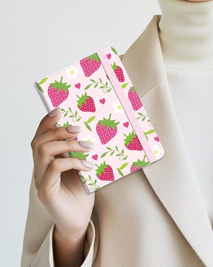 Strawberry Leather Passport Holder Cover Pink Hearts Flower Travel Wallet Passport Case with Credit Card Slots for Women Men Travelling Essentials for Flying