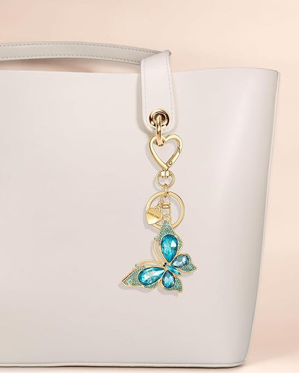 XGALBLA Cute Bling Crystals Rhinestone Butterfly KeyChain with Heart Pendant, Lovely Bag Charms for Handbags Purse Accessory