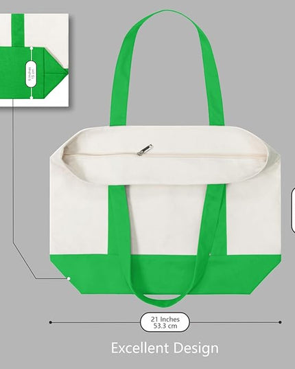 TOPDesign 6-Pack Canvas Tote Bags with an External Pocket, Reusable Grocery Shopping Bags, Top Zipper Closure, Daily Essentials (Lime Green/Natural)