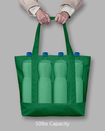 TOPDesign 3-Pack Canvas Tote Bags with an External Pocket, Reusable Grocery Shopping Bags, Top Zipper Closure, Daily Essentials (Green)